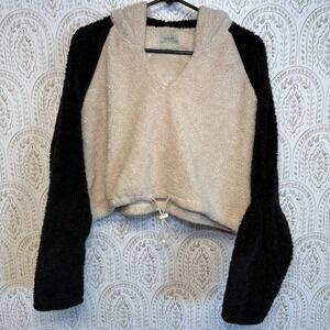 Urban Outfitters Cropped Teddy Fleece Hoodie Cream Black Colorblock Small